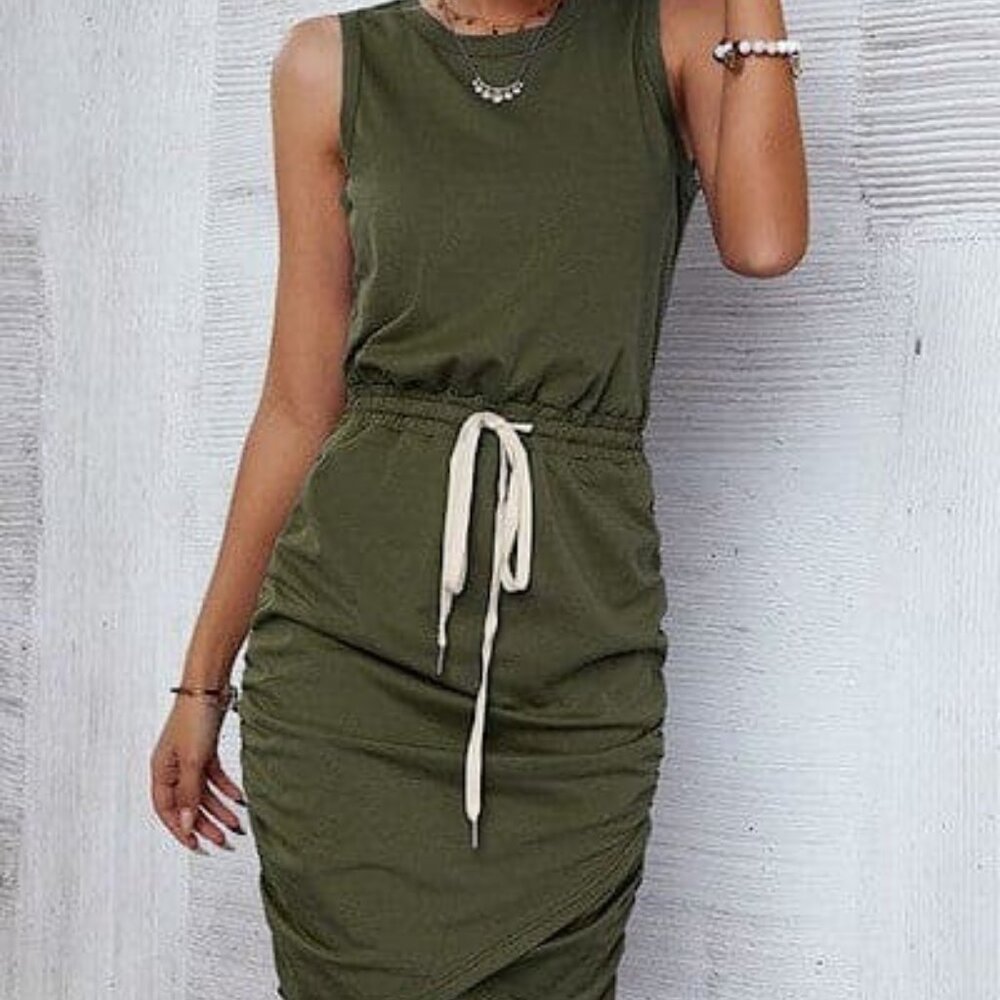 Ruched Olive Dress